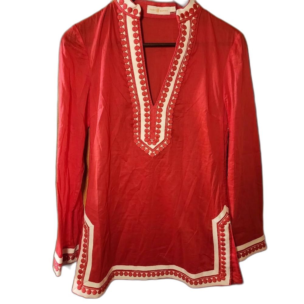 Tory Burch 0 Coral Red Tassle Cruise Nautical Breezy Side Zip Women's Tunic Top